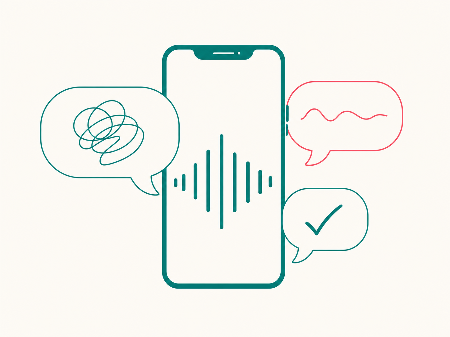Illustration of a phone with a sound wave, flanked by a speech bubble showing a scribbled mistake and another showing a checkmark, representing dictation being corrected.